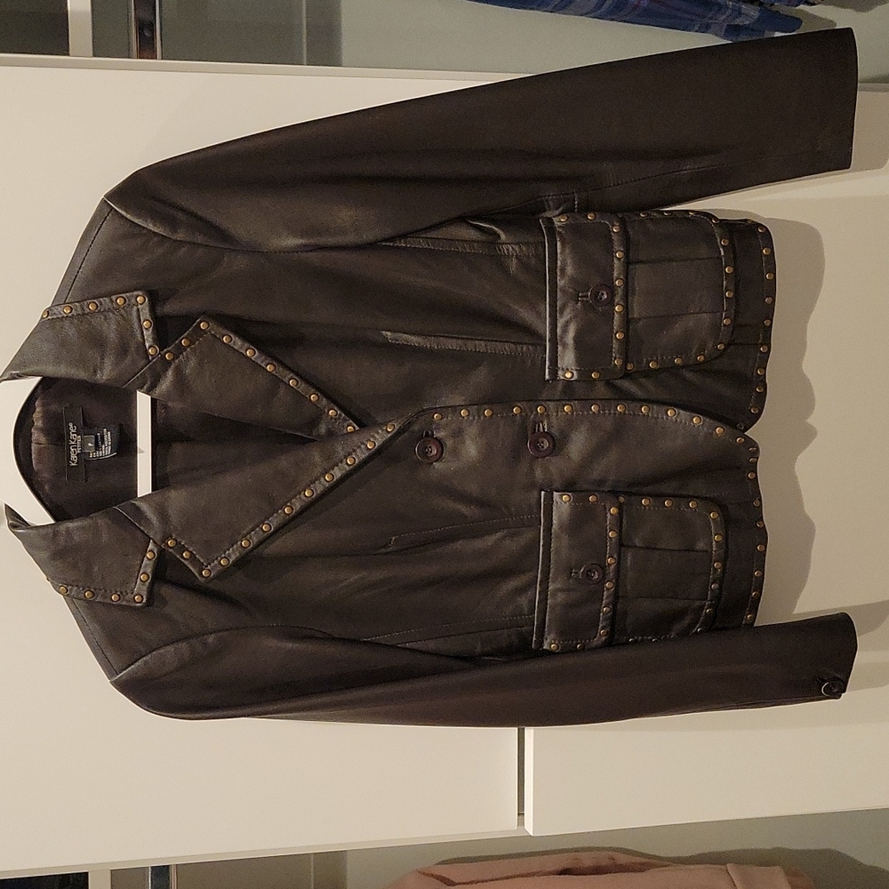 Karen Kane Petite 100% Brown  Leather Blazer with rivet detailing